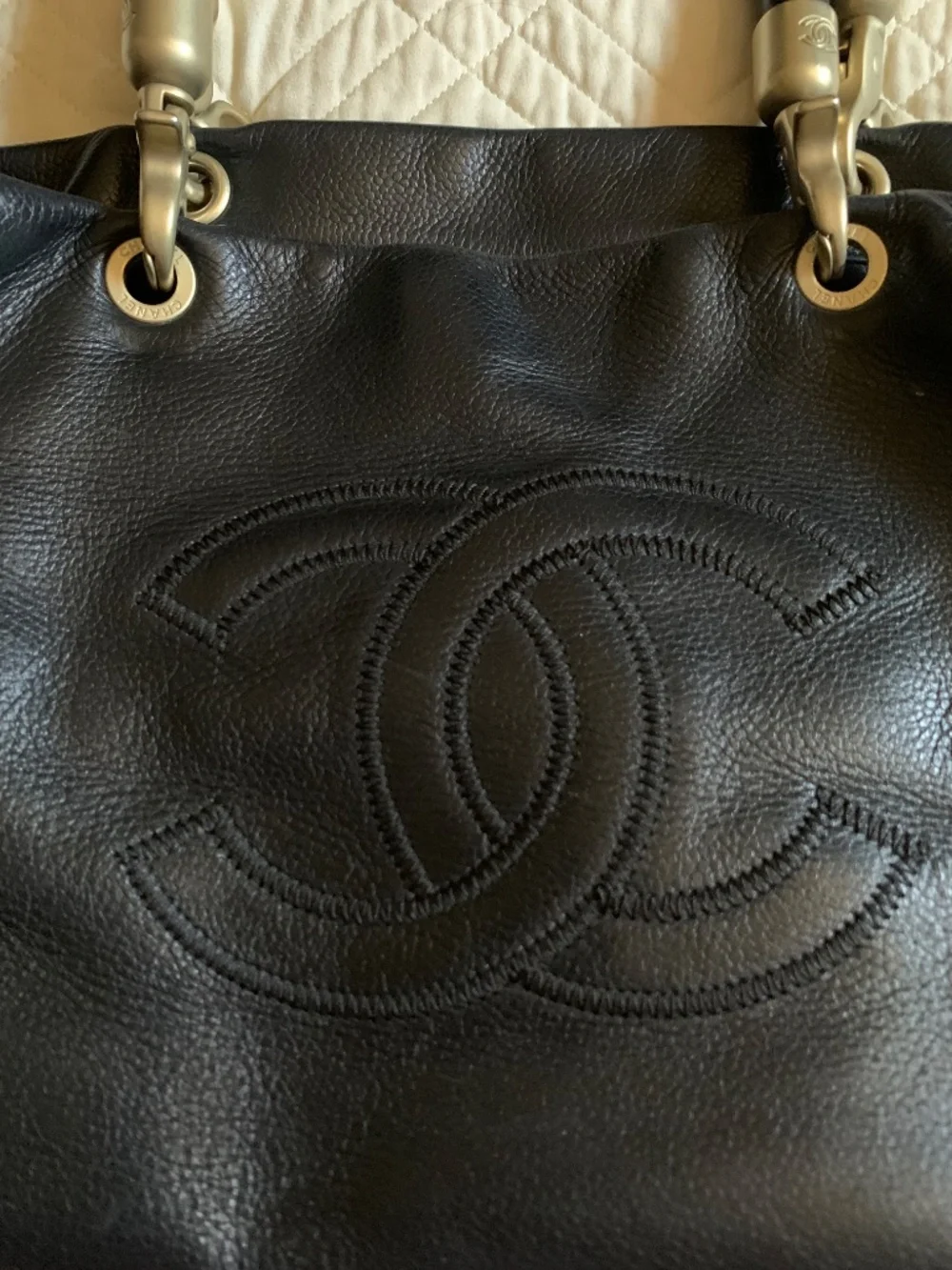 Vintage Chanel Y2K Black Caviar Skin Coco Mark East-West Handbag